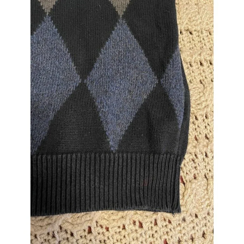 Nautica Mens Argyle Sweater L Black Blue Gray 100% Cotton Classic Knit Long Slee